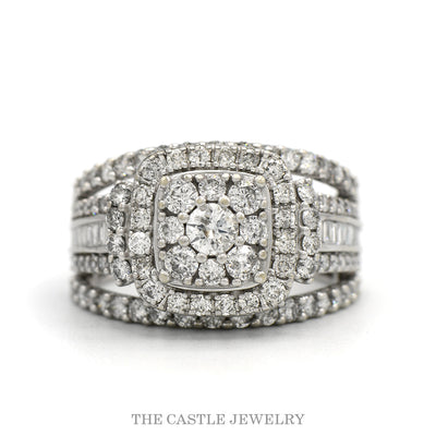 2cttw Round Diamond Cluster Bridal Ring with Diamond Halo and Heavily Accented Sides in 10k White Gold