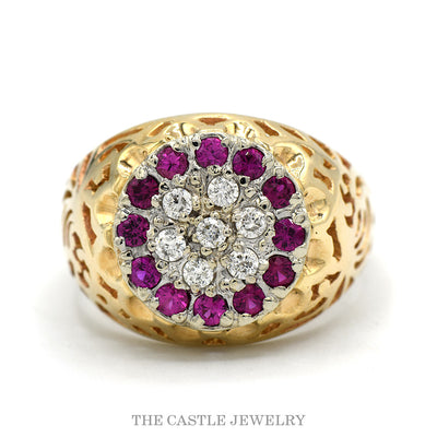 Ruby & Diamond Kentucky Cluster Ring with Open Filigree Sides in 10k Yellow Gold