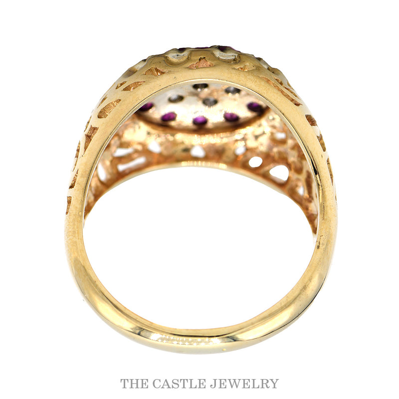 Ruby & Diamond Kentucky Cluster Ring with Open Filigree Sides in 10k Yellow Gold
