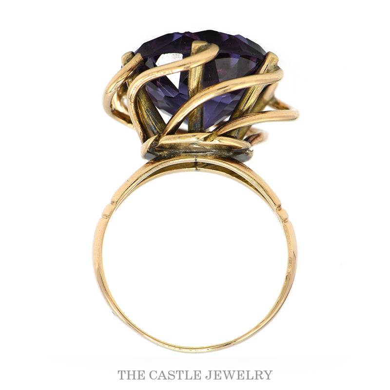 Round Synthetic Alexandrite Solitaire Cocktail Ring with Open Swirled Setting in 14k Yellow Gold