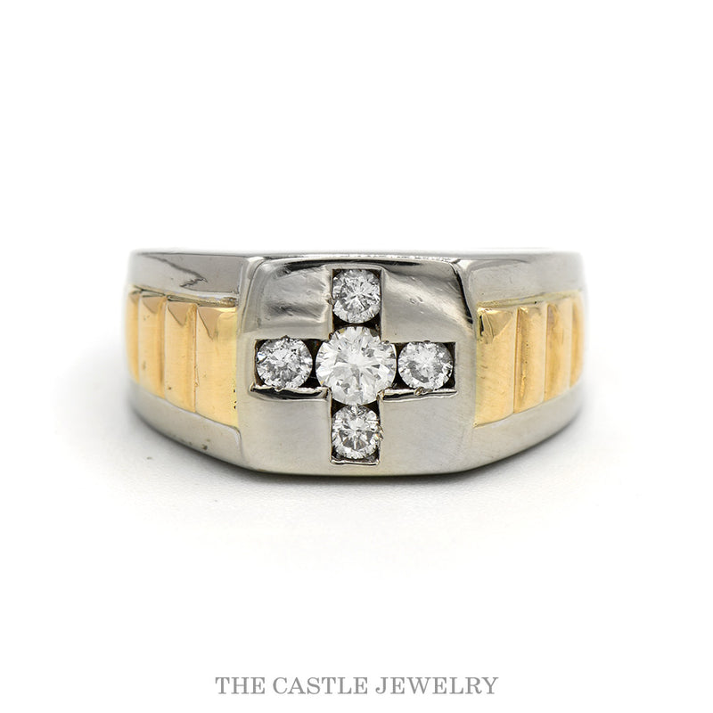 Cross Designed 1/2cttw Diamond Signet Ring with Ridged Two Tone Sides in 14k White & Yellow Gold