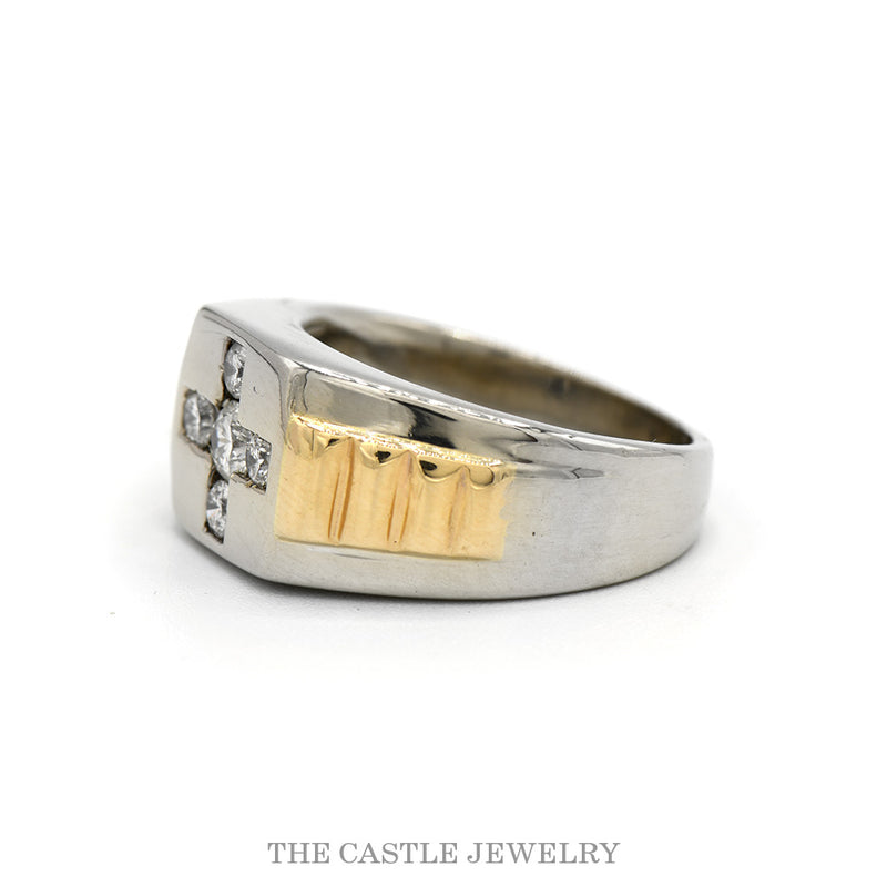 Cross Designed 1/2cttw Diamond Signet Ring with Ridged Two Tone Sides in 14k White & Yellow Gold