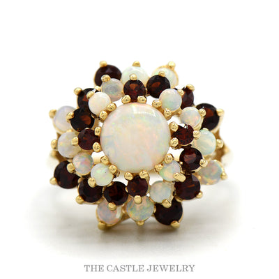 Round Opal and Garnet Swirled Cluster Ring in 14k Yellow Gold