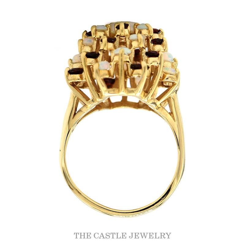 Round Opal and Garnet Swirled Cluster Ring in 14k Yellow Gold