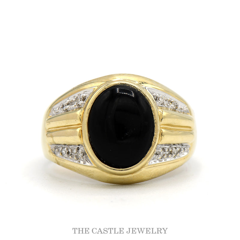 Oval Cut Black Onyx Ring with Diamond Accented Ridged Sides in 10k Yellow Gold