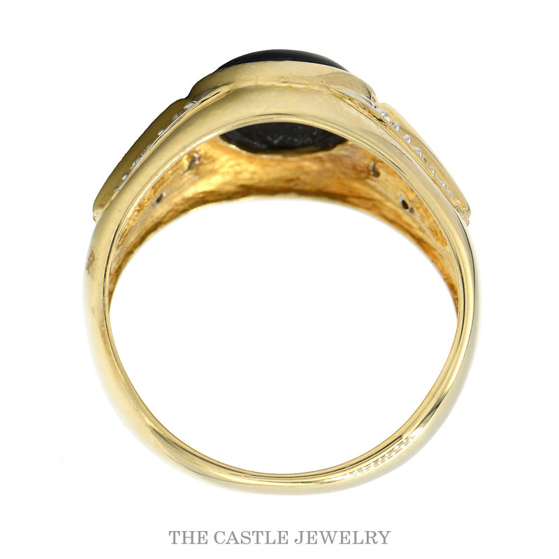 Oval Cut Black Onyx Ring with Diamond Accented Ridged Sides in 10k Yellow Gold