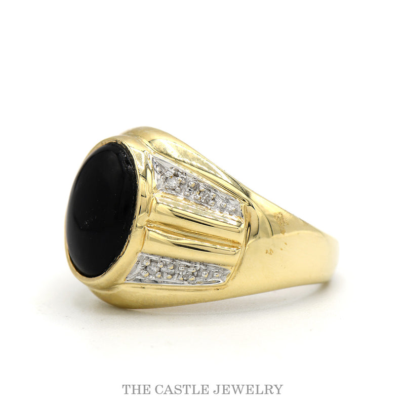 Oval Cut Black Onyx Ring with Diamond Accented Ridged Sides in 10k Yellow Gold