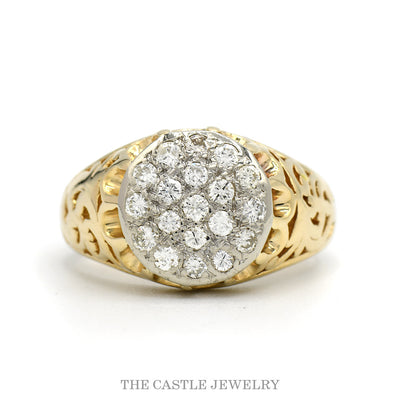 1/2cttw 19 Diamond Kentucky Cluster Ring with Open Filigree Sides in 10k Yellow Gold
