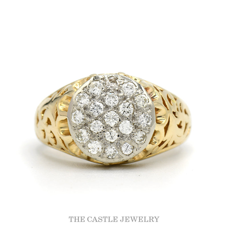 1/2cttw 19 Diamond Kentucky Cluster Ring with Open Filigree Sides in 10k Yellow Gold