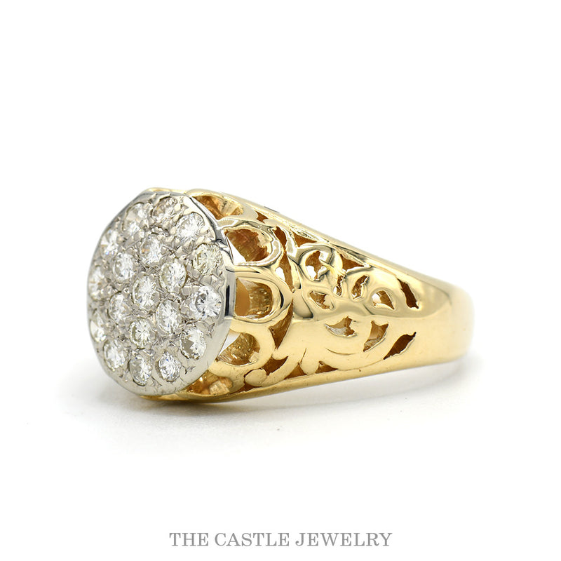 1/2cttw 19 Diamond Kentucky Cluster Ring with Open Filigree Sides in 10k Yellow Gold