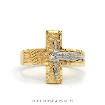 14k two-tone gold crucifix ring with sunburst cross — top view