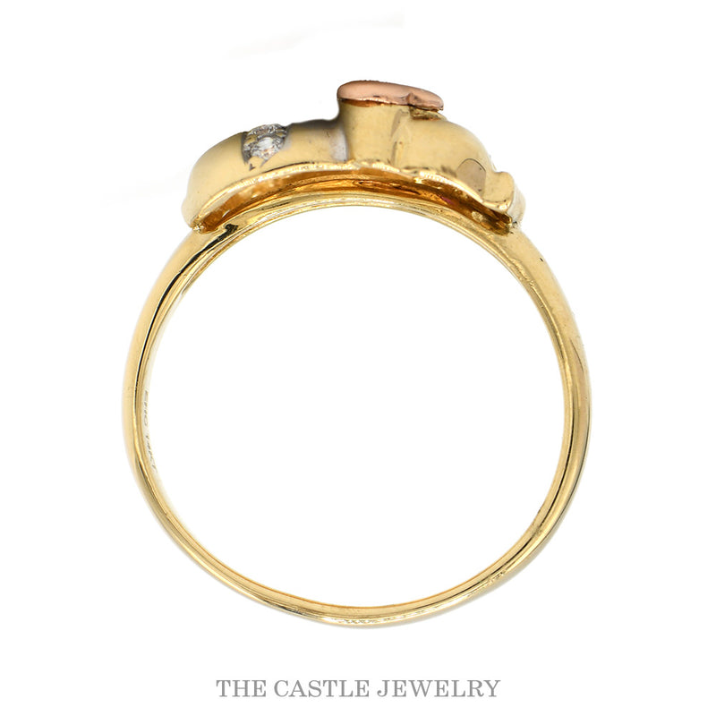 Tri Gold Elephant Ring with Ruby Eye & Cubic Zirconia Accents in 14k Yellow, White & Rose Gold