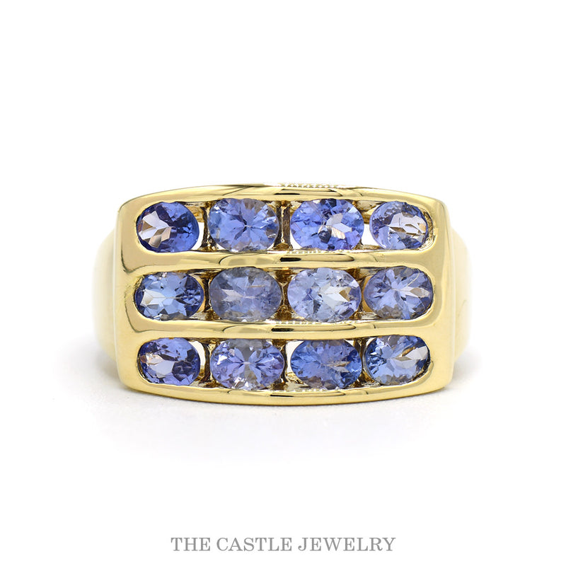 3 Row Channel Set Oval Tanzanite Wide Band Cluster Ring in 10k Yellow Gold