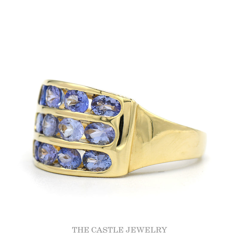 3 Row Channel Set Oval Tanzanite Wide Band Cluster Ring in 10k Yellow Gold