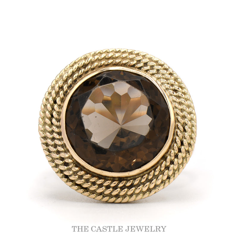 Large Round Smokey Quartz Solitaire Cocktail Ring with Triple Rope Bezel in 14k Yellow Gold