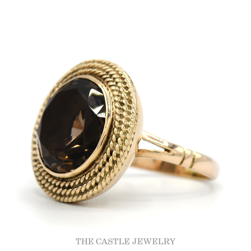 Large Round Smokey Quartz Solitaire Cocktail Ring with Triple Rope Bezel in 14k Yellow Gold