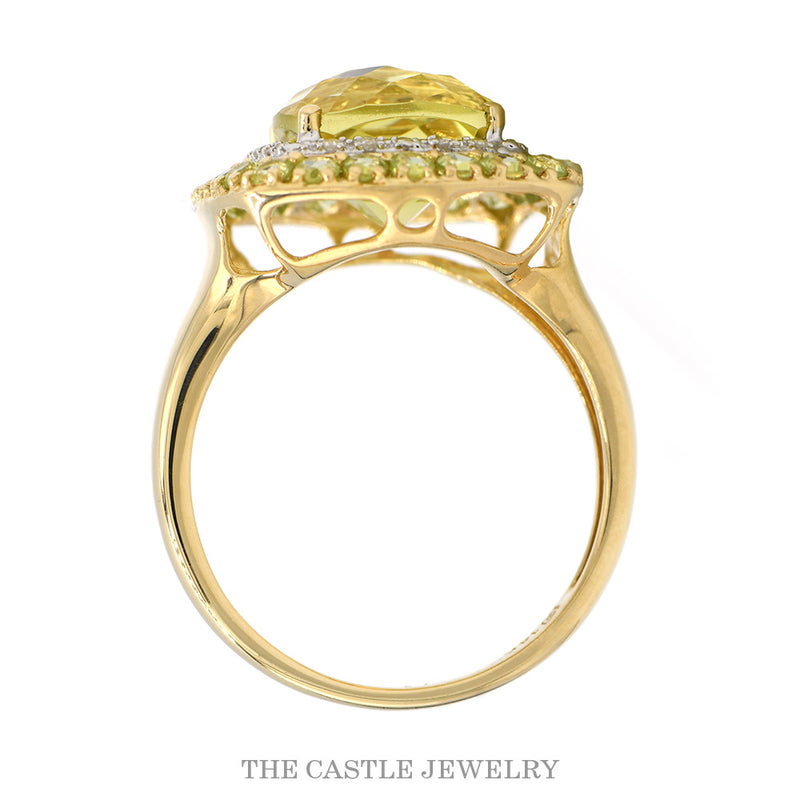 Cushion Cut Peridot Cocktail Ring with Diamond & Peridot Double Halo in 14k Yellow Gold