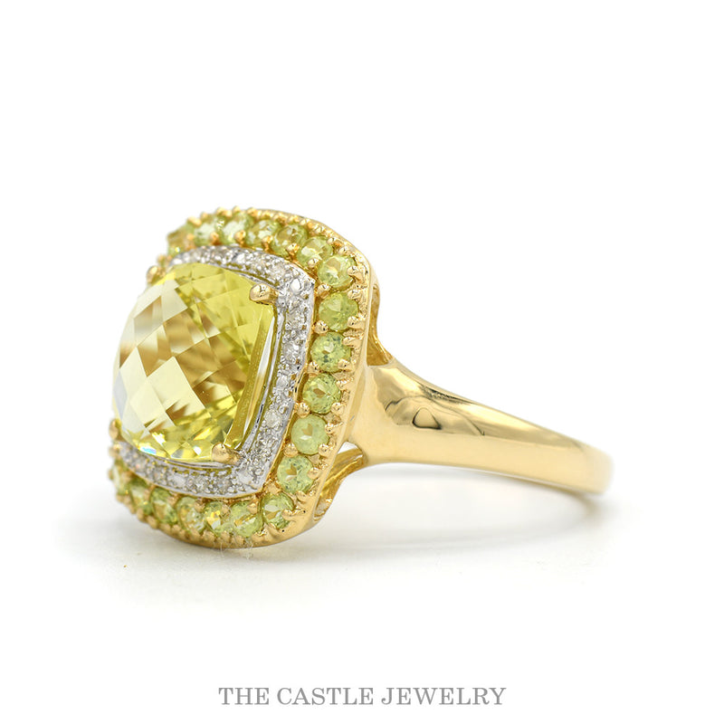 Cushion Cut Peridot Cocktail Ring with Diamond & Peridot Double Halo in 14k Yellow Gold