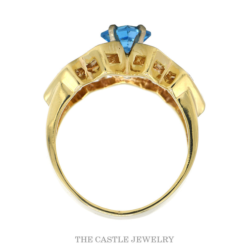 Geometric Square Blue Topaz Cocktail Ring with Cubic Zirconia Cluster Sides in 14k Yellow Gold
