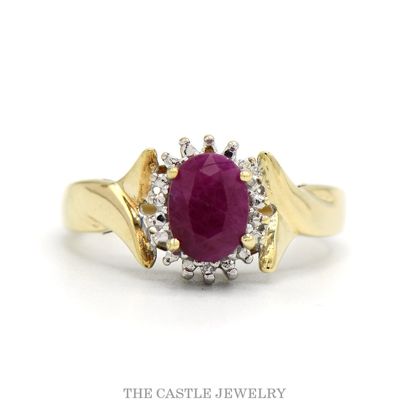 Oval Ruby Ring with Illusion Set Diamond Halo in 10k Yellow Gold