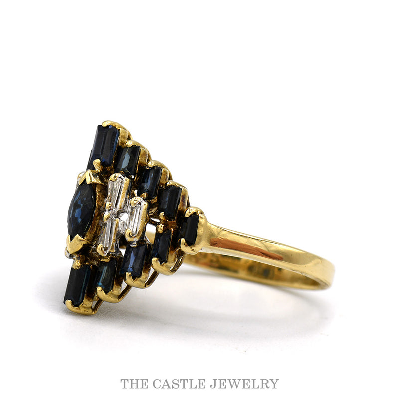 Side profile of the 14k yellow gold sapphire cluster ring
