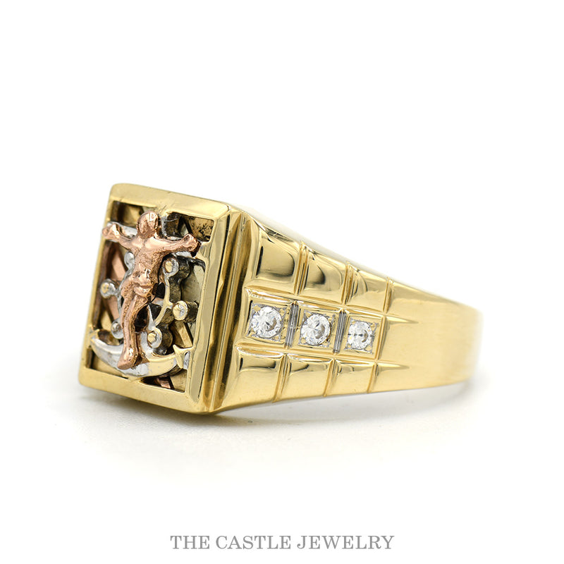 Side profile of the 14k tri-color crucifix ring showing shoulder step construction and band thickness