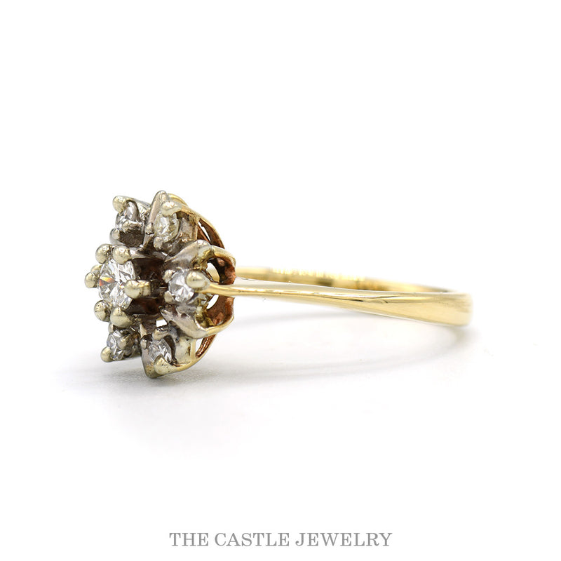 Side profile of the 10k yellow gold snowflake diamond cluster ring