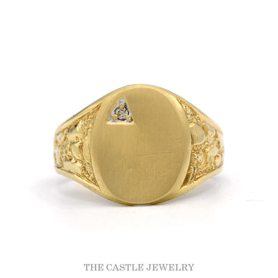 10k yellow gold oval signet ring with diamond accent — top view