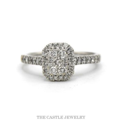 10k white gold cushion diamond cluster halo ring — top view