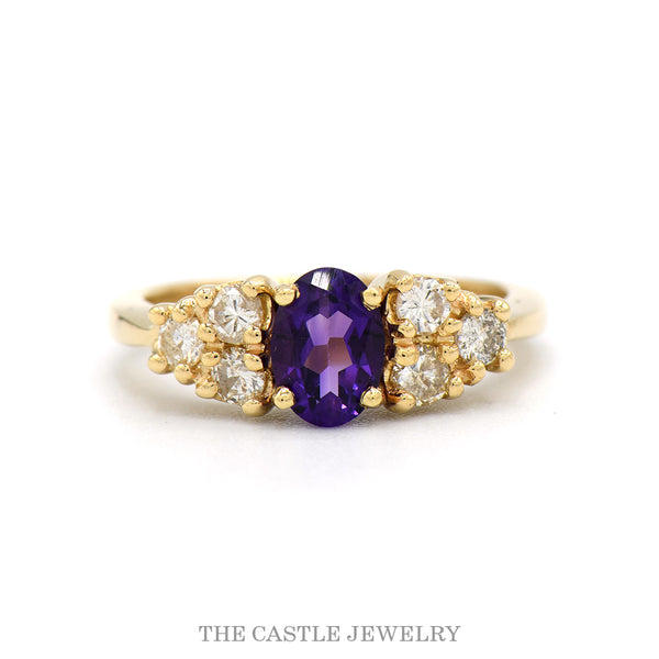 14k yellow gold oval amethyst ring with diamond shoulders — top view