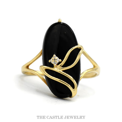 10k yellow gold elongated oval black onyx ring with gold vine — top view