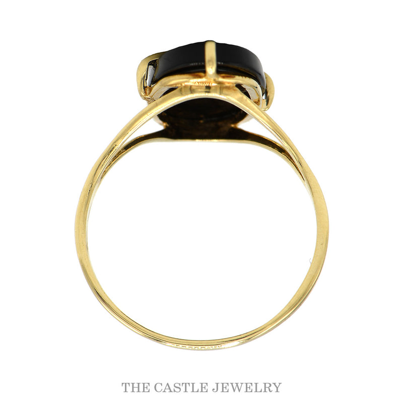 Front-facing view of the 10k yellow gold black onyx vine ring