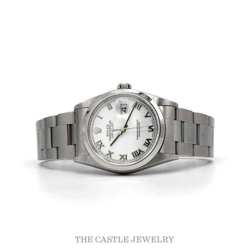 Rolex Datejust 16200 with white Roman dial on Oyster bracelet — front view