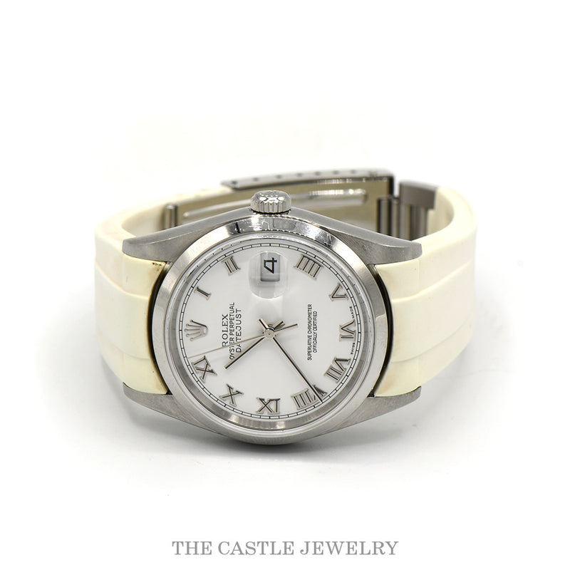Rolex Datejust 16200 on white rubber strap — angled front view