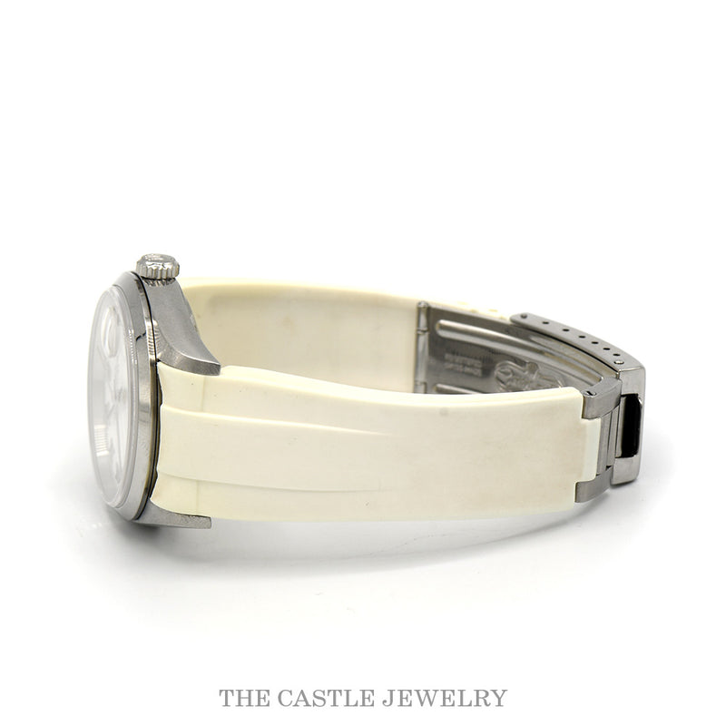Side view of Rolex Datejust 16200 on white rubber strap with deployment buckle