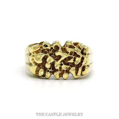 10k yellow gold ring with polished nugget forms on a beaded ground — top view