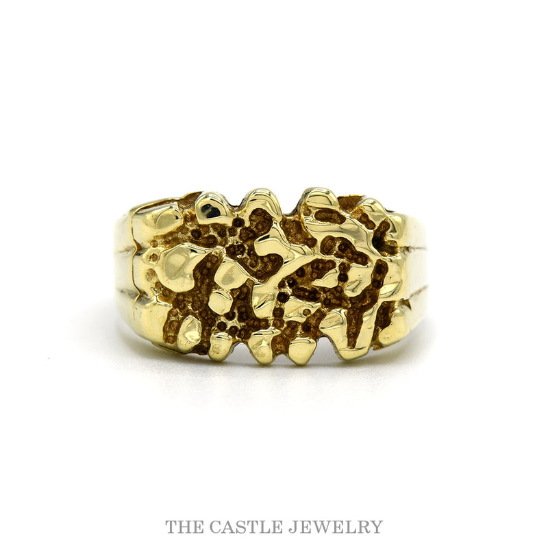 10k yellow gold ring with polished nugget forms on a beaded ground — top view