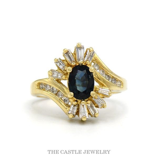 Oval sapphire bypass ring with .25cttw diamond accents in 14k yellow gold — top view