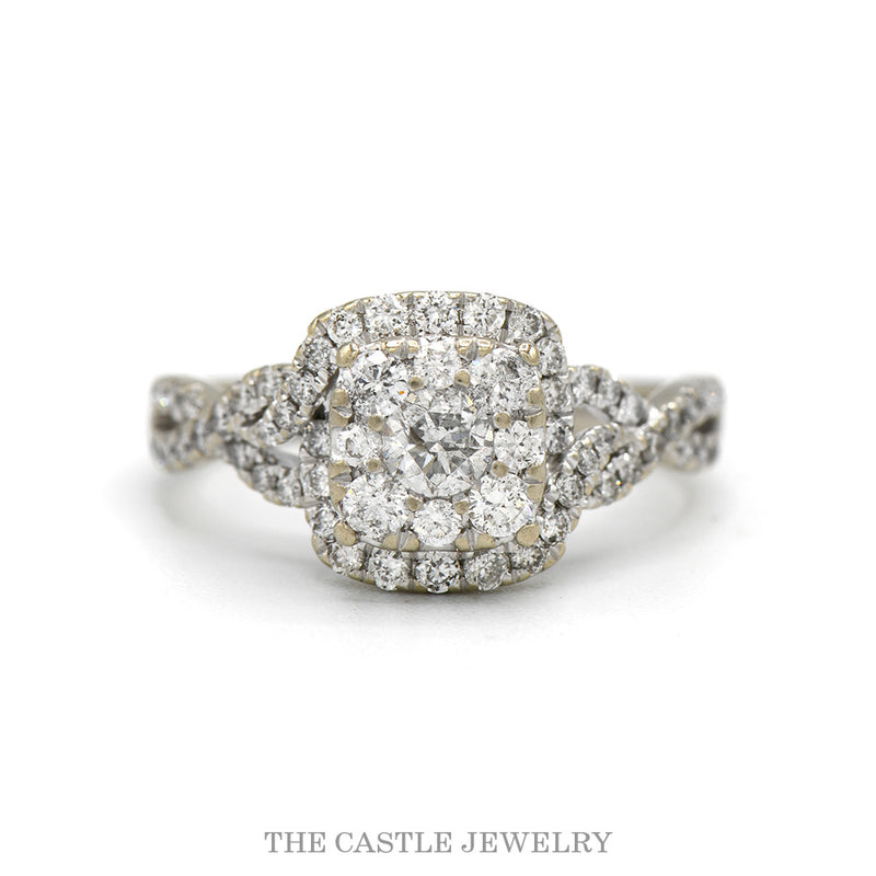 14k white gold square shaped diamond cluster halo ring — top view