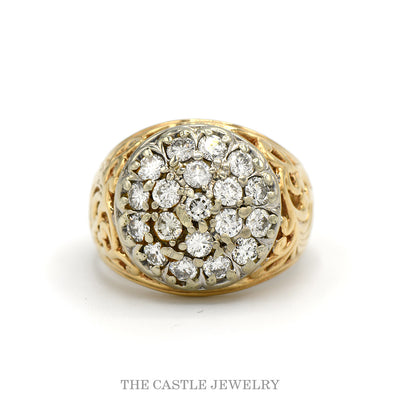 2cttw 19 diamond Kentucky cluster ring with open scroll sides in 10k yellow gold — top view