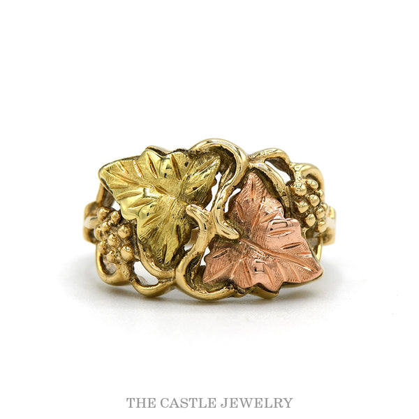 10k two-tone Black Hills Gold style grape leaf ring — top view