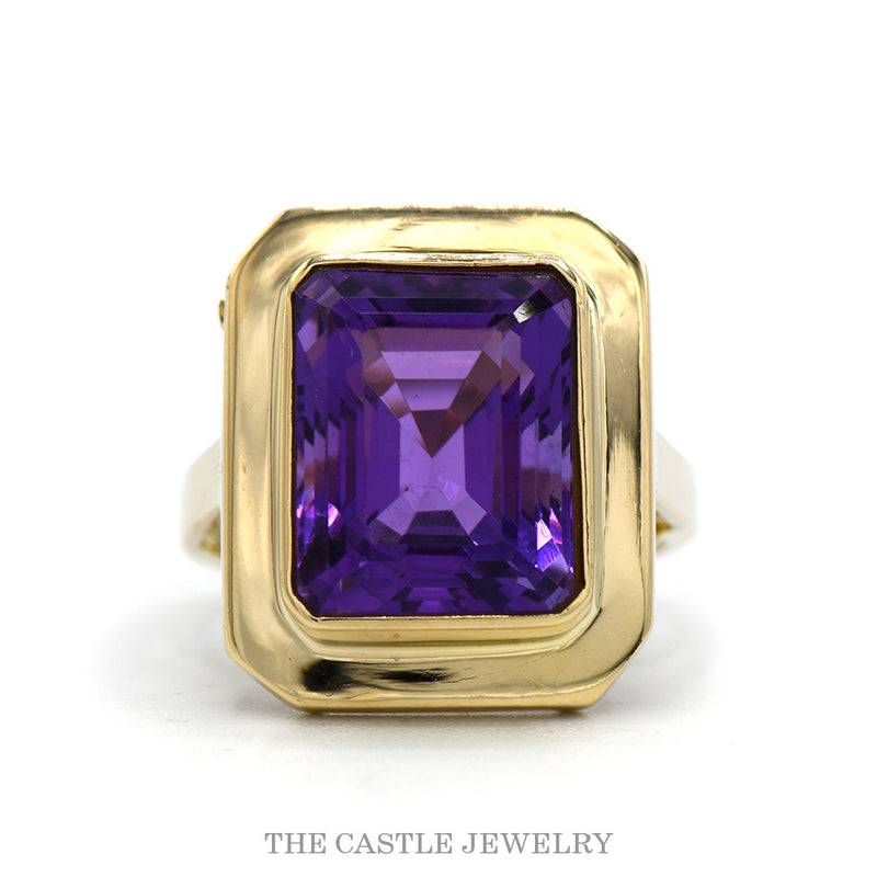 14k yellow gold bezel set emerald cut amethyst ring — top view