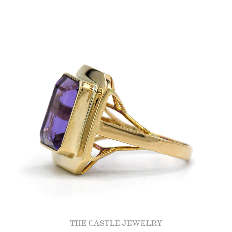 Side profile of the 14k yellow gold amethyst bezel ring
