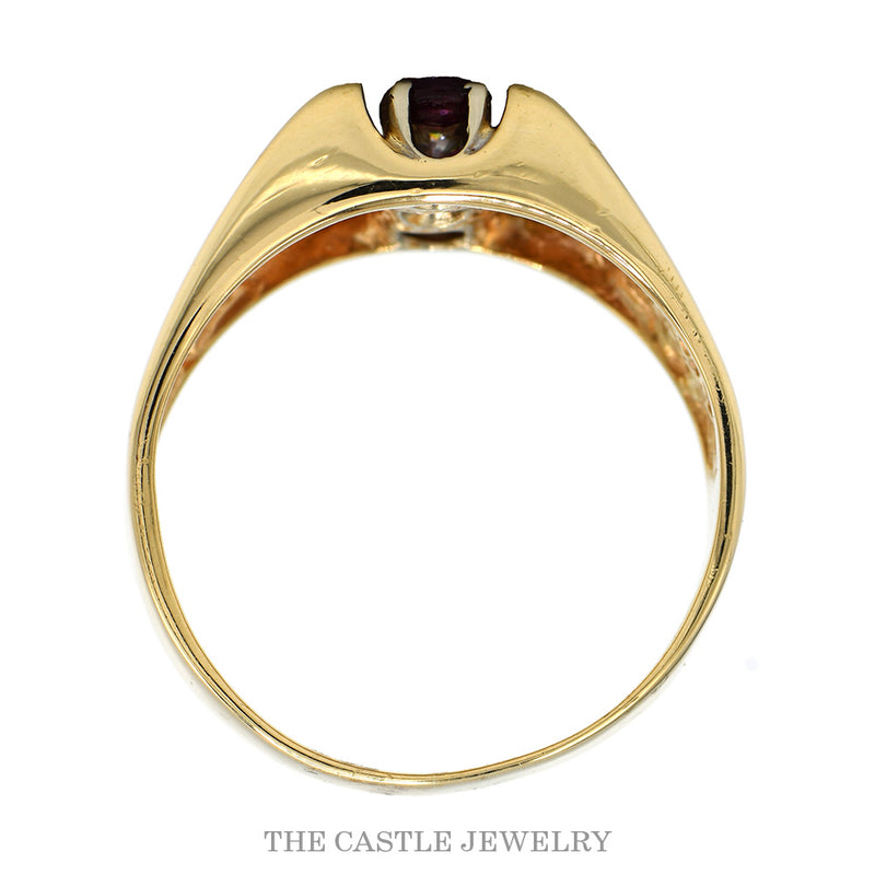Front-facing view of the 14k yellow gold men's ruby ring