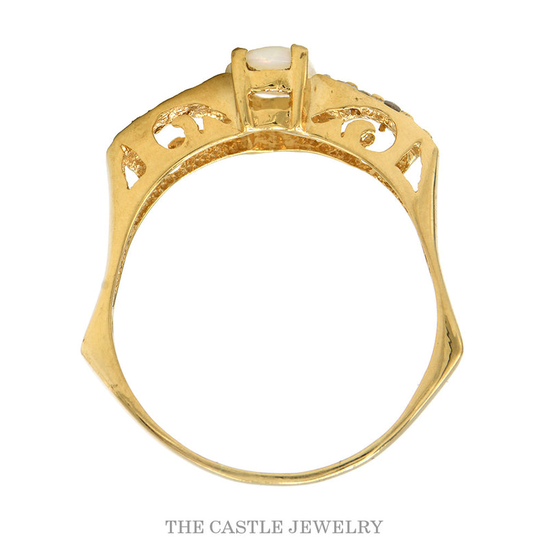 Front-facing view of the 10k yellow gold oval opal ring