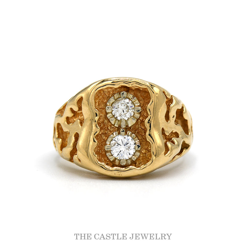 14k yellow gold nugget design ring with illusion set double diamonds — top view