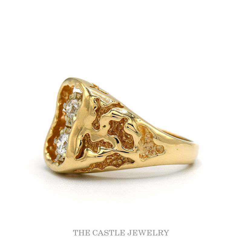Side profile of the nugget design ring showing the pierced shoulders