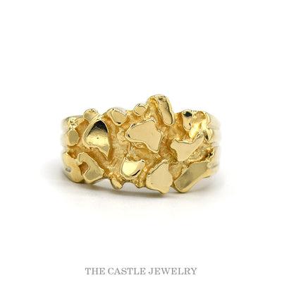 Wide solid 14k yellow gold band with polished open nugget design — top view