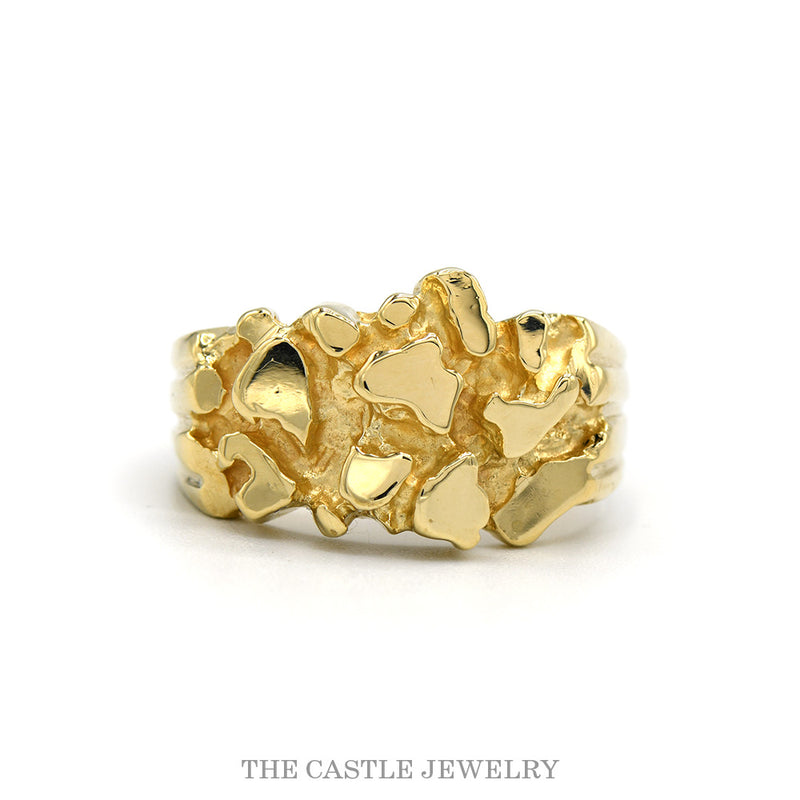 Wide solid 14k yellow gold band with polished open nugget design — top view