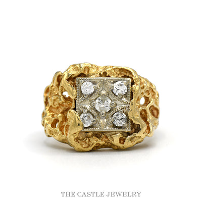 14k yellow gold men's 5 diamond nugget style ring with square top — top view